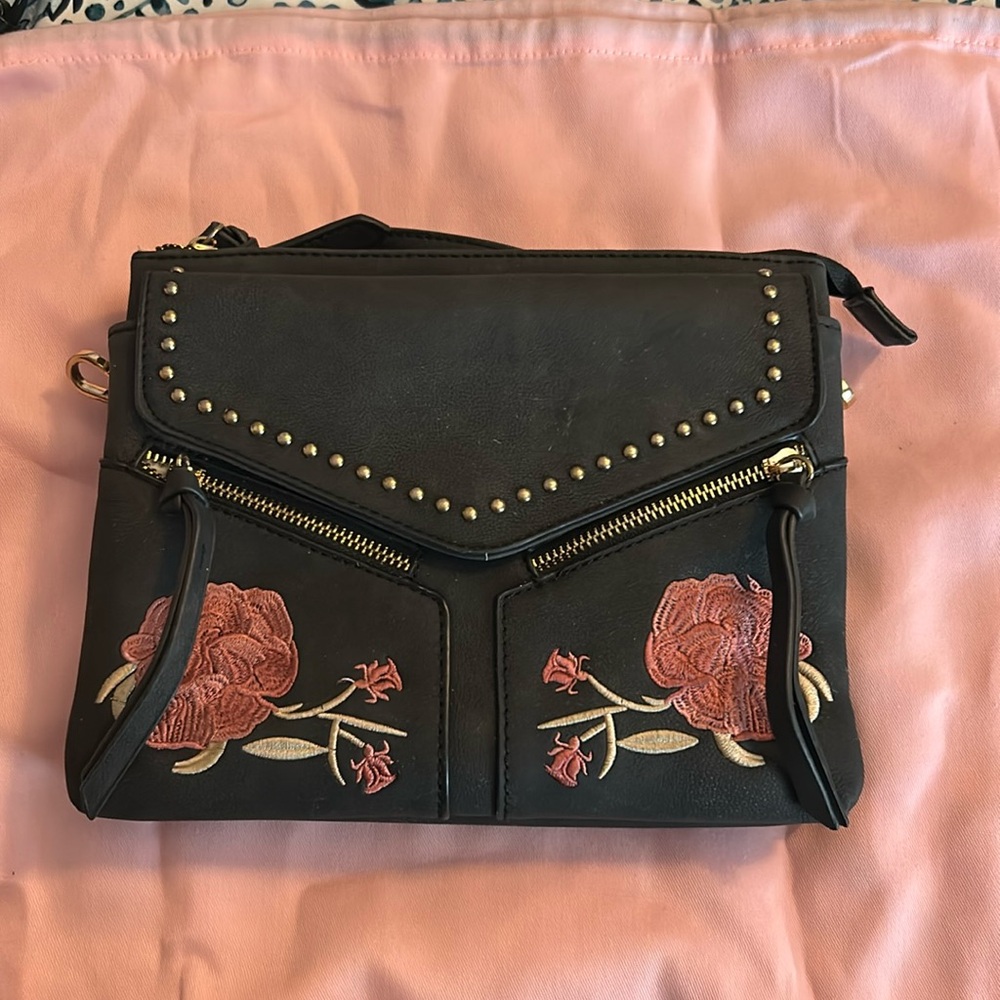 Black and pink rose embroidery crossbody